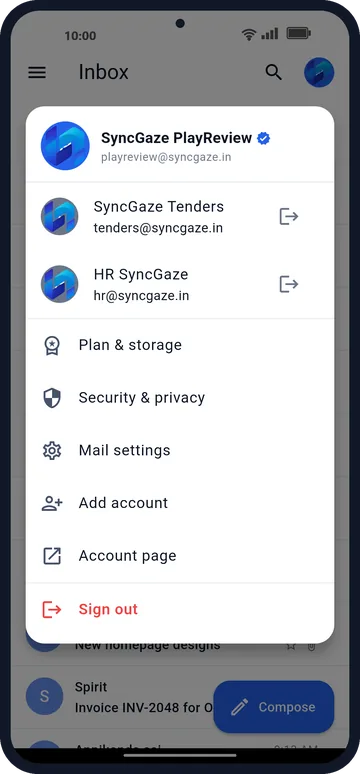 Switching accounts in SyncGaze Mail