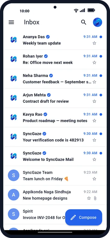 SyncGaze Mail inbox on Android