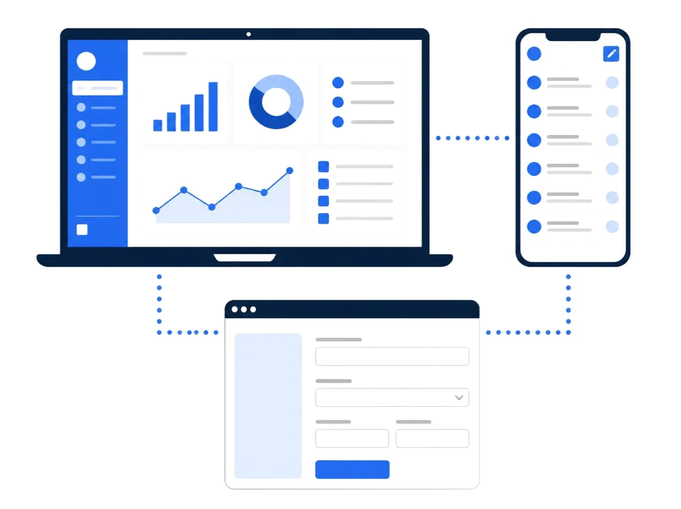 A dashboard, an inbox on a phone and a web form, connected