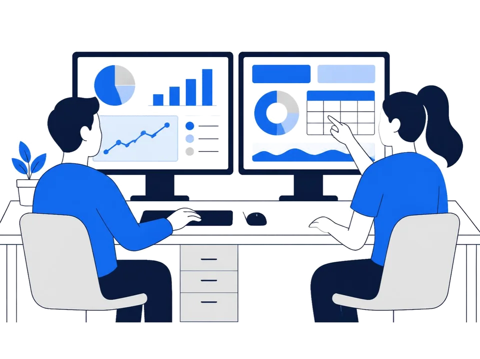 Two people building a business dashboard on two monitors
