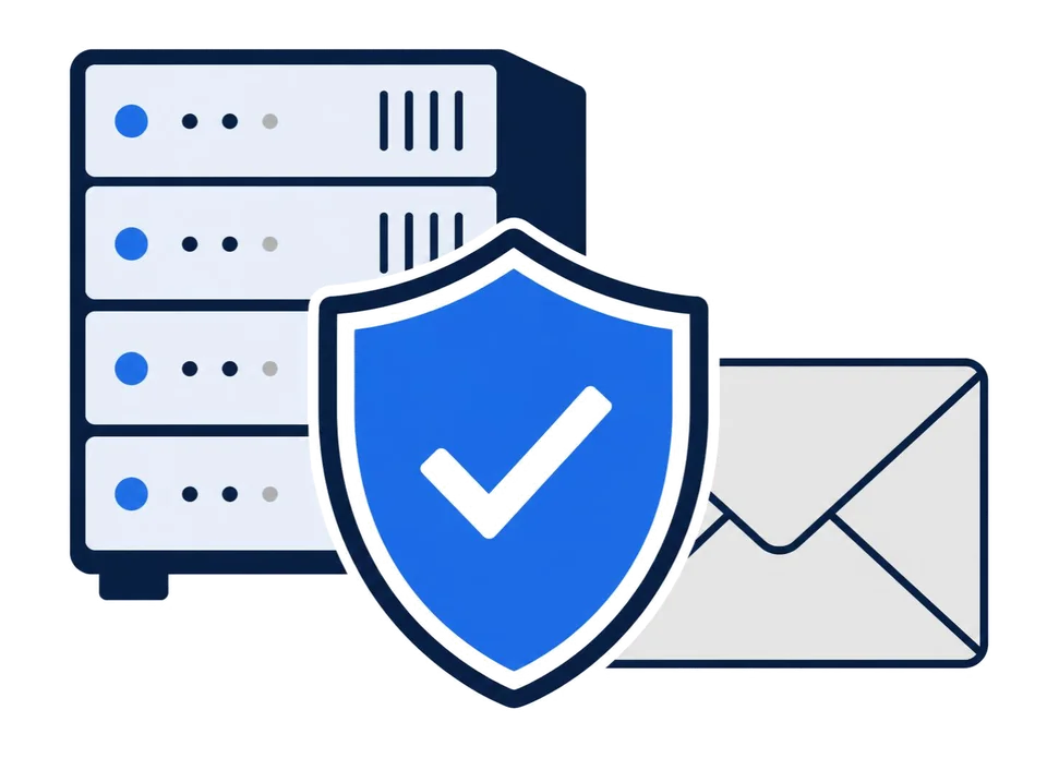 A shield with a checkmark over a server and an envelope