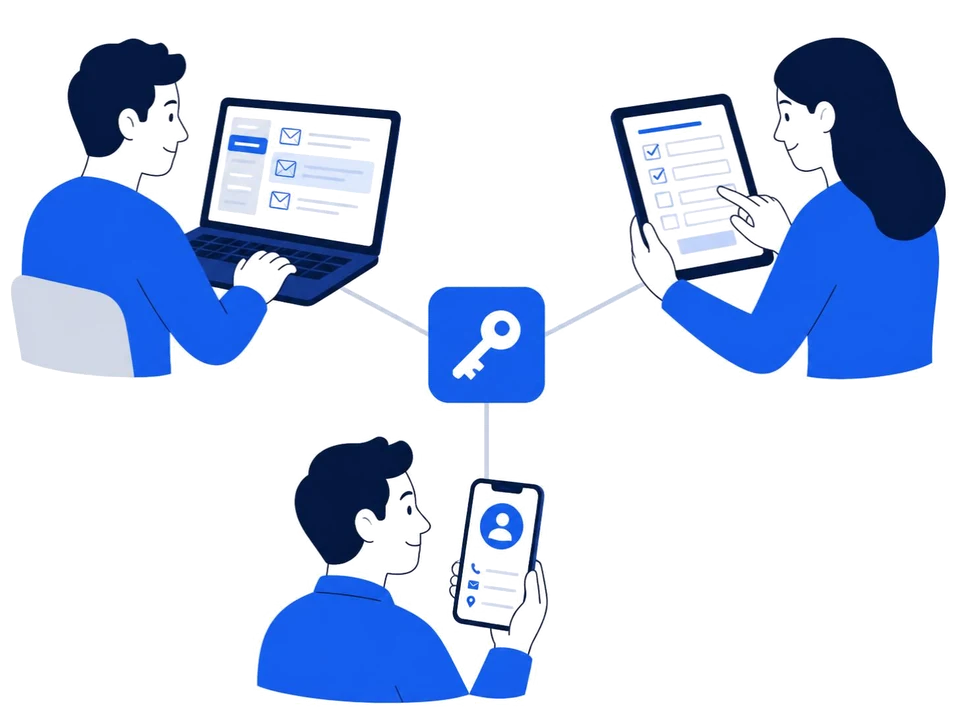Teammates on a laptop, a tablet and a phone working on one shared system